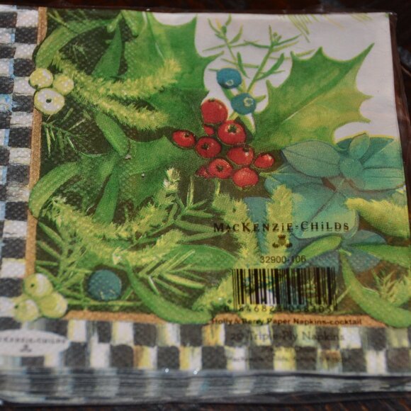 RARE SEALED MACKENZIE CHILDS DECOUPAGE CRAFT ART HOLLY & BERRY COCKTAIL NAPKINS - Picture 6 of 7